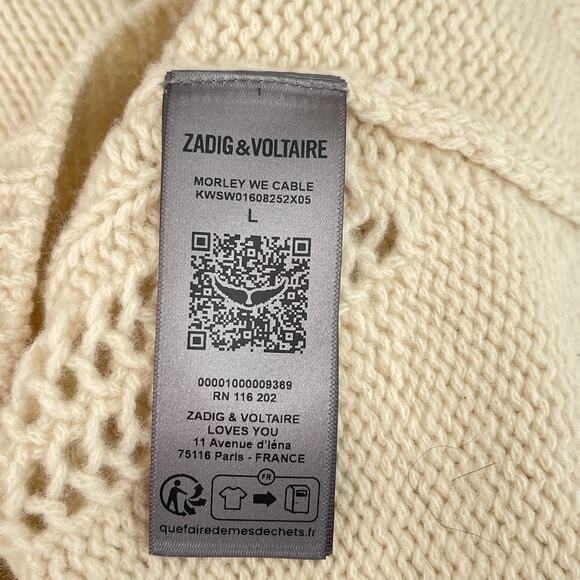 Zadig & Voltaire Morley Cable-Knit Merino Wool Sweater Vanilla Women's Large - Picture 15 of 16